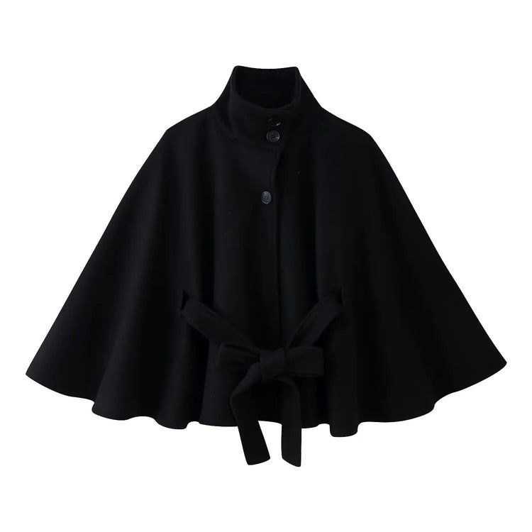 Women's Elegant Midi Cape Coat with Stand Collar Three Quarter Flared Sleeves Solid Color Belted Loose Fit Poncho For Woman