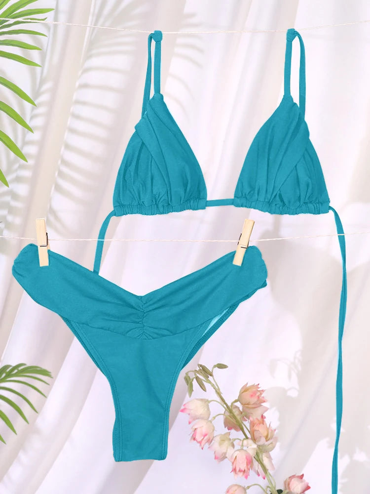 Set Bikini Sexy con Pieghe, Micro Bikini Tinta Unita, Costume da Bagno Femminile a Triangolo, Abbigliamento da Spiaggia platinumshop
