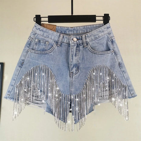 Pantaloncini di jeans Donna Jeans strappati con foro Nappe Diamanti Sexy lavato effetto consumato Vita alta Streetwear 2025 Pantaloni corti dritti