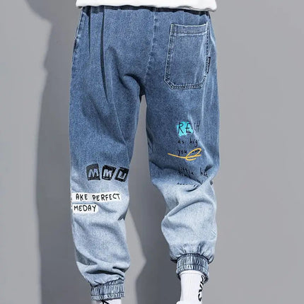 Men's Distressed Denim Pants Cuffed, Artistic Gradient Harem Jeans, Oversized Hip Hop Trousers for Spring Fall Versatile Outfits PlatiNum