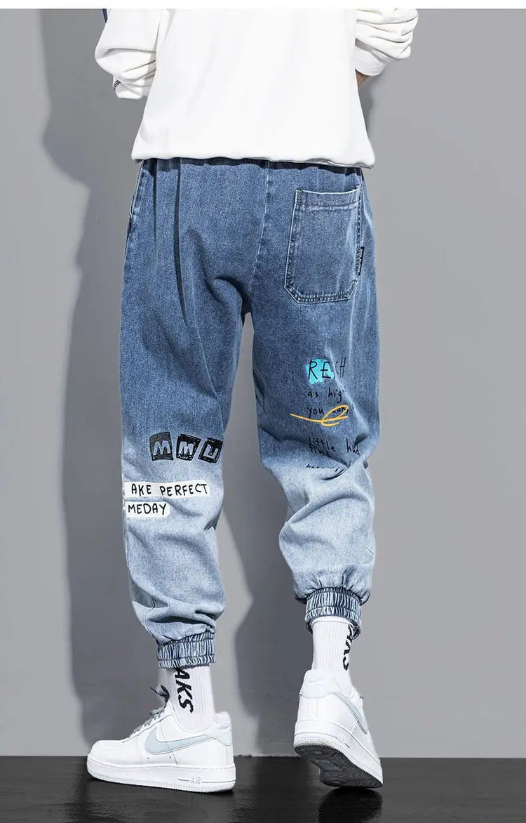 Men's Distressed Denim Pants Cuffed, Artistic Gradient Harem Jeans, Oversized Hip Hop Trousers for Spring Fall Versatile Outfits PlatiNum