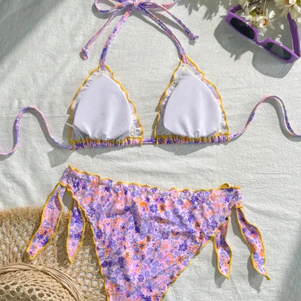 Nuovo Set Bikini Donna Estivo con Stampa Floreale Arancione, Halter con Volant, Push-Up e Perizoma con Laccetti Laterali PlatiNum