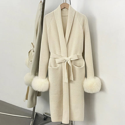 OFTBUY New Winter Long Belted Clothes Outerwear Women Knit Cardigan Real Fox Fur Cuffs Shawl Collar Wrap Knitted Coat Female