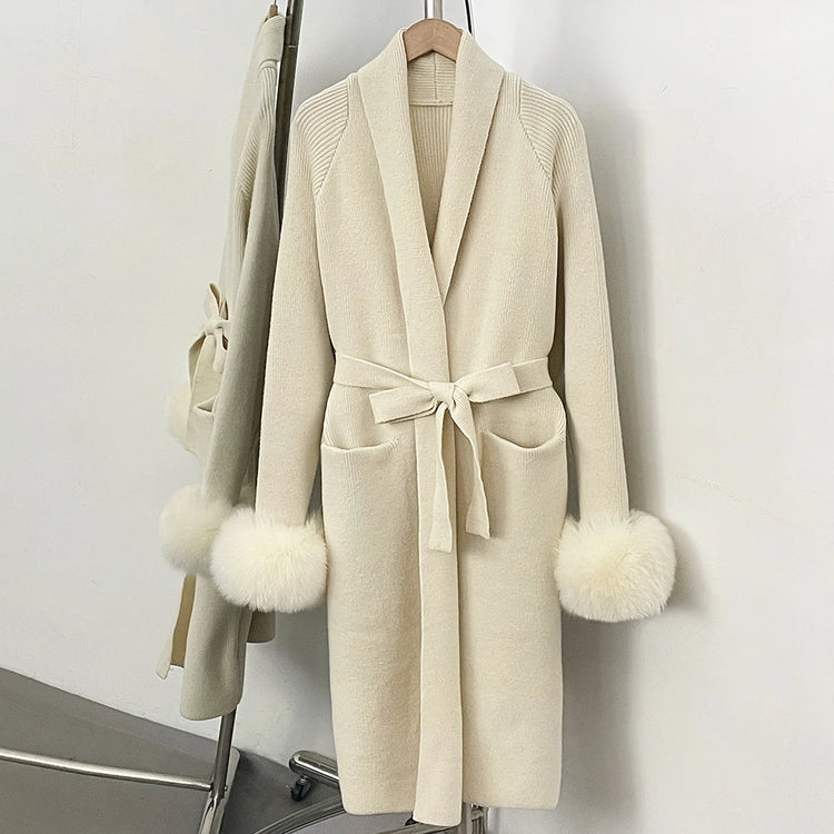 OFTBUY New Winter Long Belted Clothes Outerwear Women Knit Cardigan Real Fox Fur Cuffs Shawl Collar Wrap Knitted Coat Female