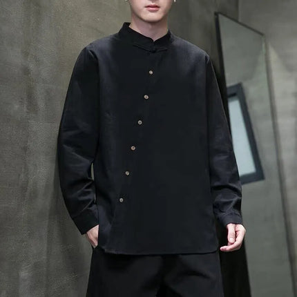 Camicie di lino in cotone Stile cinese Abito tradizionale retrò Tang Top da uomo Kung Fu Tai Chi Camicie casual a maniche lunghe in tinta unita da uomo