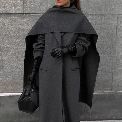 Elegant Big Scarf Collar Women's Coat Fashion Double Breasted Pockets Overcoats 2026 Autumn New High Street Oversize Outerwears