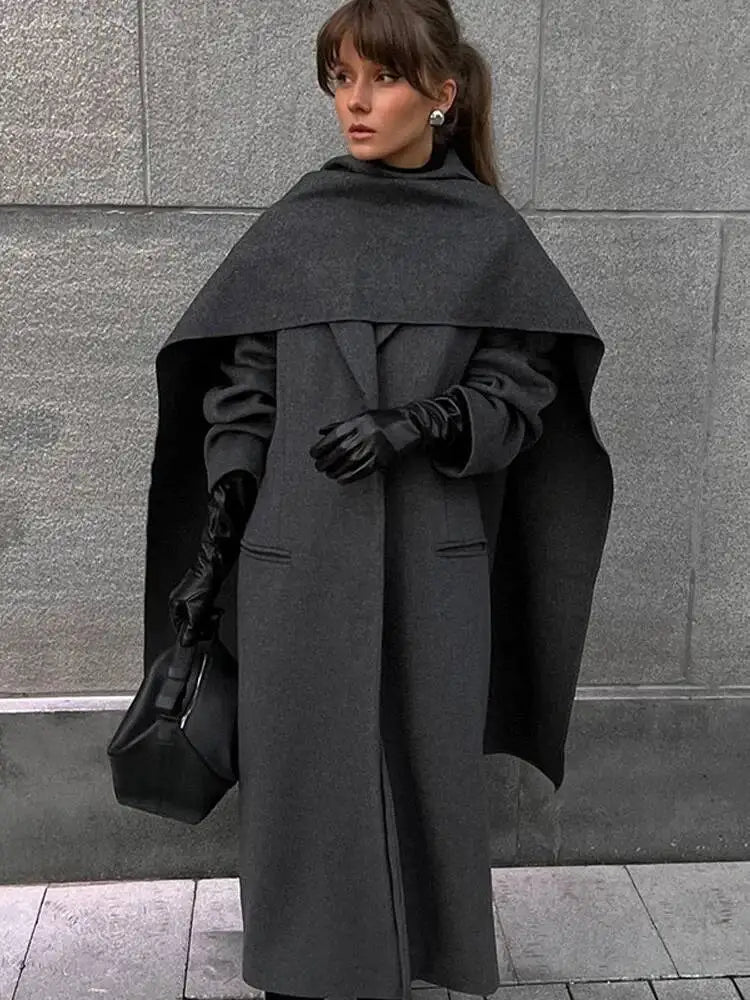 Elegant Big Scarf Collar Women's Coat Fashion Double Breasted Pockets Overcoats 2026 Autumn New High Street Oversize Outerwears