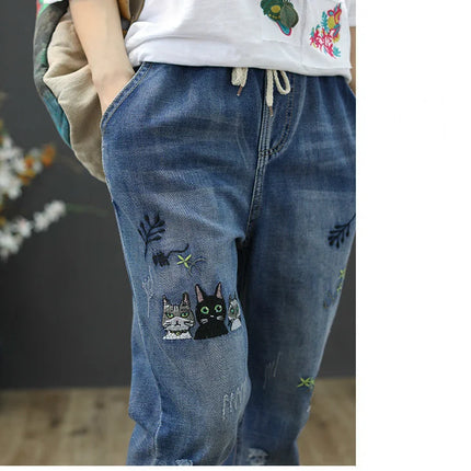 Amax luluE 2025 Moda Estate Streetwear Pantaloni in denim Donna Vintage Jeans elastici Donna Casual Allentato Ricamo Pantaloni Harem