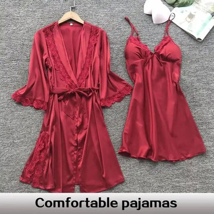 2PCS Women Lace Pajama Set Satin Home Pyjamas Lace Robe V-Neck Nightgown Bridal Silk Gown Women's Nightwear