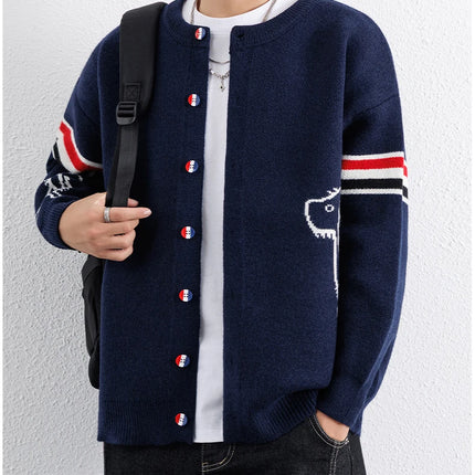 Designer Brand Long Sleeve Knitted Cardigan Men's New Trend Color Blocked Button Design Couple's Casual Warm Round Neck Coat