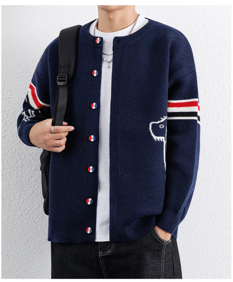 Designer Brand Long Sleeve Knitted Cardigan Men's New Trend Color Blocked Button Design Couple's Casual Warm Round Neck Coat