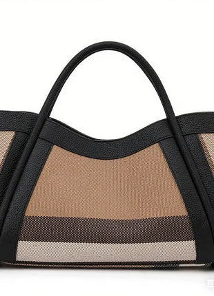 Borsa Tote in Tessuto a Righe con Bordi in Ecopelle, Manico Largo, Borsa a Spalla Grande per Uso Quotidiano e Pendolarismo