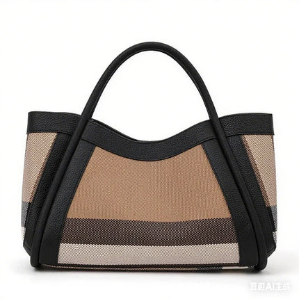 Borsa Tote in Tessuto a Righe con Bordi in Ecopelle, Manico Largo, Borsa a Spalla Grande per Uso Quotidiano e Pendolarismo