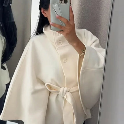 Elegant Women's Belt Short Woolen Coats Loose Stand Collar Single-breasted Long Sleeve Jacket 2026 Autumn Lady Commute Outwear