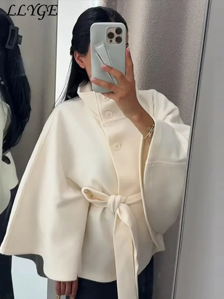 Elegant Women's Belt Short Woolen Coats Loose Stand Collar Single-breasted Long Sleeve Jacket 2026 Autumn Lady Commute Outwear