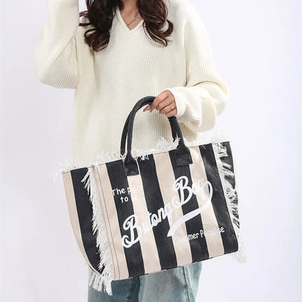 Borsa tote a righe da donna con colori contrastanti Borsa a tracolla con lettere alla moda Borsa da pendolarismo per ascelle di grande capacità