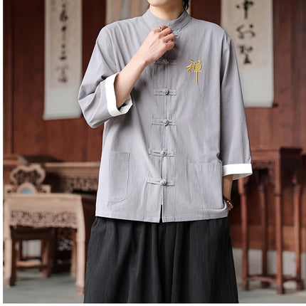Camicie in cotone e lino Stile cinese retrò Tai Chi Kung Fu Camicie tradizionali Ricamo Camicia da uomo comoda e traspirante vestibilità ampia