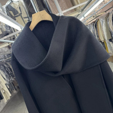 Scarf Collar 100%Wool Coat Women, Korean Fashion Elegant Outerwear, Loose Autumn Winter Jacket