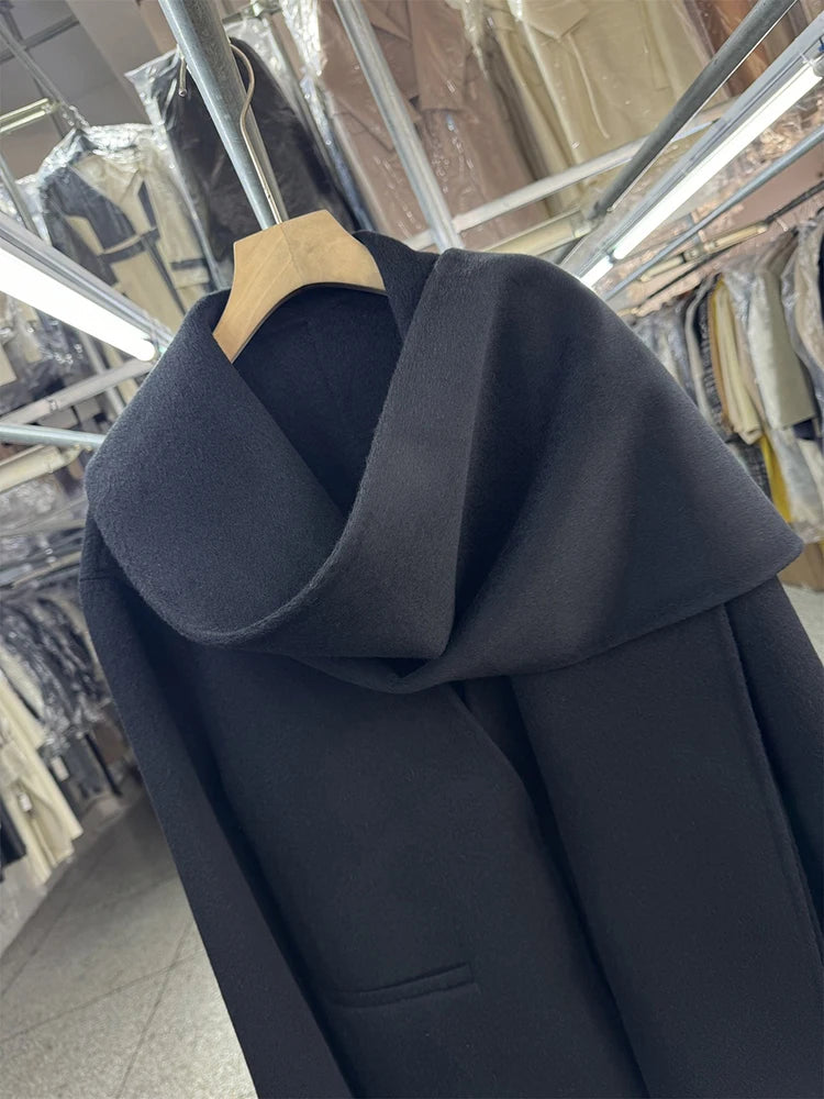 Scarf Collar 100%Wool Coat Women, Korean Fashion Elegant Outerwear, Loose Autumn Winter Jacket