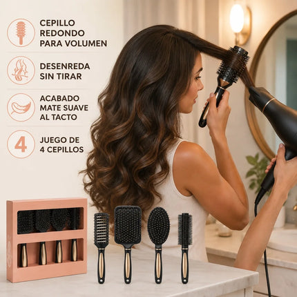 Set of 4 Professional Hair Brushes in Black and Gold, Hairdressing Kit with Paddle, Round, Oval and Ventilated Brushes for Detangling and Styling All Hair Types