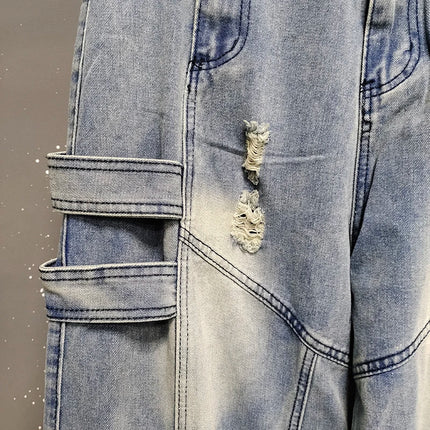 IEFB Jeans da uomo stile americano tinta unita multi tasche pantaloni casual usurati decostruzione pantaloni in denim a gamba larga 9W4066