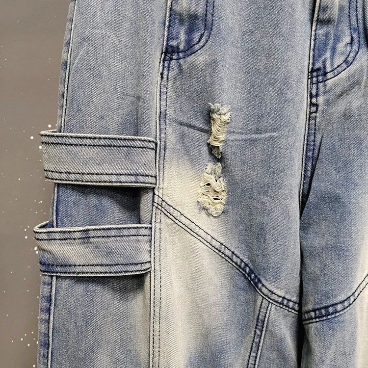 IEFB Jeans da uomo stile americano tinta unita multi tasche pantaloni casual usurati decostruzione pantaloni in denim a gamba larga 9W4066