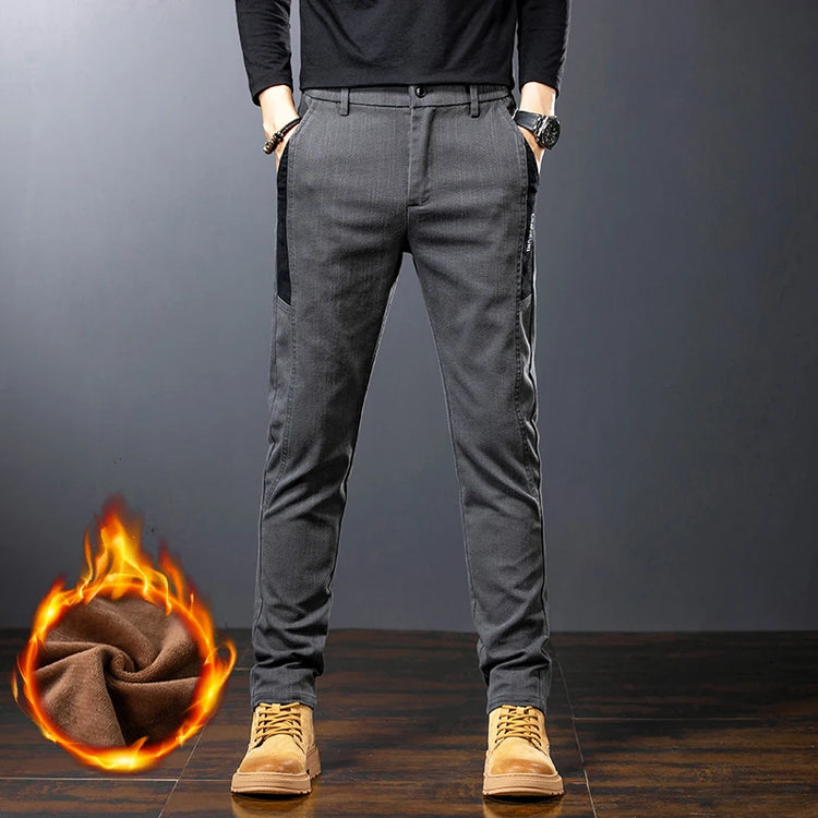 Winter New Men's Warm Slim Casual Pants Fleece Elasticity Embroidery Mid-waist Trousers Thicken Velvet Brand Straight Man Pants