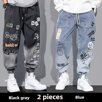 Men's Distressed Denim Pants Cuffed, Artistic Gradient Harem Jeans, Oversized Hip Hop Trousers for Spring Fall Versatile Outfits PlatiNum