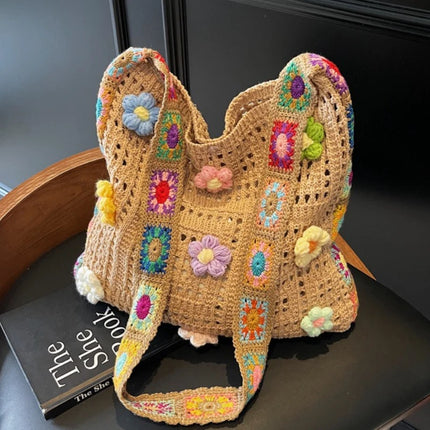 Borsa tote da donna in stile boho con motivo floreale all'uncinetto, borsa a tracolla in maglia intrecciata di grande capacità, borsa da spiaggia estiva per ragazze