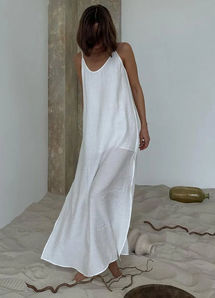 HiLoc Abito lungo bianco allentato casual Robe 2025 Nuovi abiti estivi con scollo a V per le donne Primavera senza maniche Vestaglie dritte Camicia da notte
