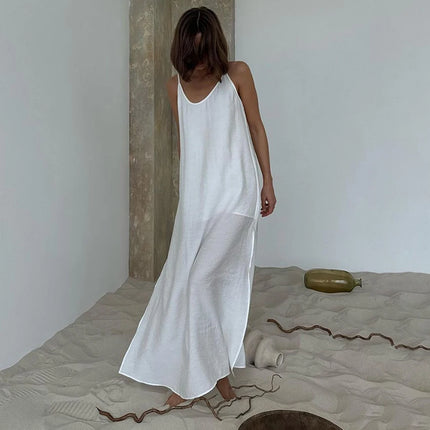 HiLoc Abito lungo bianco allentato casual Robe 2025 Nuovi abiti estivi con scollo a V per le donne Primavera senza maniche Vestaglie dritte Camicia da notte