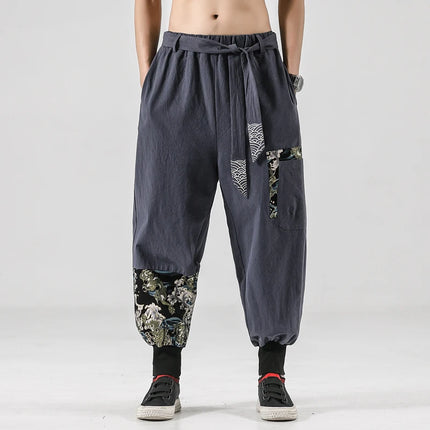 Pantaloni da uomo Costume da samurai giapponese Ukiyo-e Cintura con stampa Pantaloni stile harem da uomo in cotone e lino Pantaloni casual Harajuku da uomo Taglie forti 5XL
