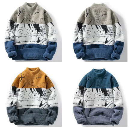Mink Plush Thickened Round Neck Sweater New Men's Autumn Winter Loose Print Patchwork Fashion Knitted Sweater Long Sleeved Tops