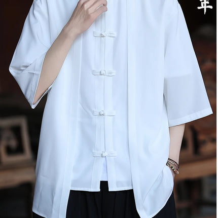 Camicia cinese da uomo in seta di ghiaccio stile cinese comoda camicia retrò traspirante da uomo casual estiva vestibilità ampia moda tinta unita