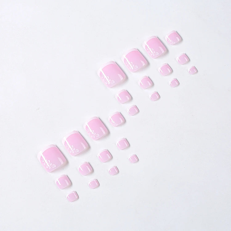 24pcs French Flower Fake Toenails Short Square White Border Press On Nail Tips With 1Jelly Stickers Full Coverage False Nail Tip