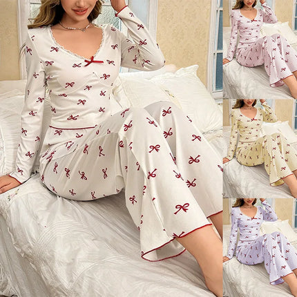 Primavera e autunno nuovi indumenti da notte da donna con fiocco a farfalla a maniche lunghe set stampato elastico da donna casual comodi vestiti per la casa