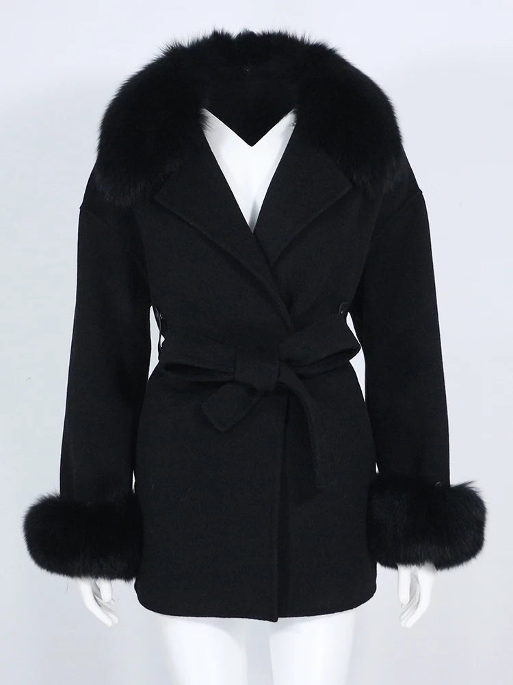 OFTBUY Real Fur Coat Winter Jacket Women Natural Fox Fur Collar Cuffs Belt Cashmere Wool Woolen Ladies Outerwear Streetwear