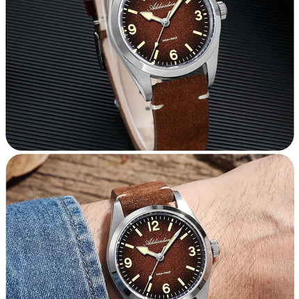 ADDIESDIVE NEW Luxury Quartz Men's 36mm Watch AD2544 Sapphire Crystal 100M Waterproof C3 Retro Luminous Leather Strap Wristwatch