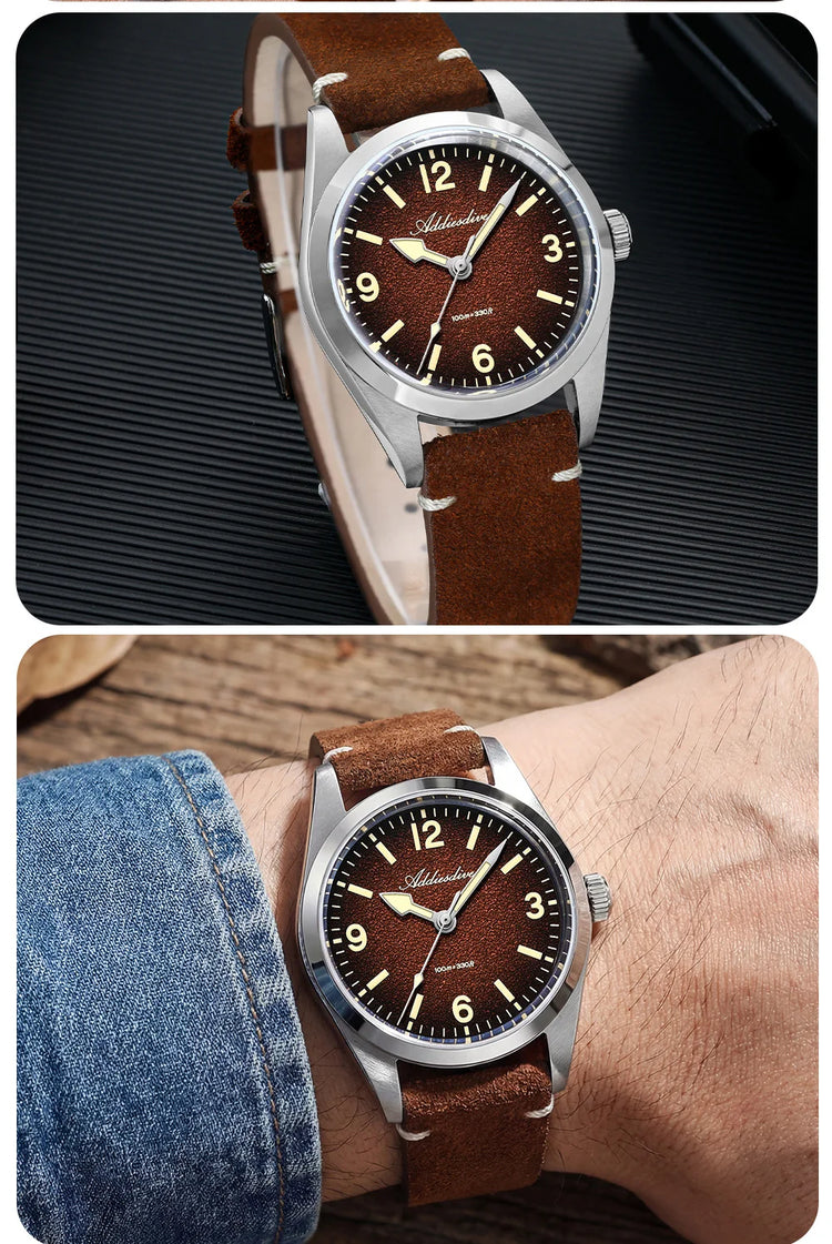 ADDIESDIVE NEW Luxury Quartz Men's 36mm Watch AD2544 Sapphire Crystal 100M Waterproof C3 Retro Luminous Leather Strap Wristwatch