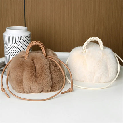 Women's Crossbody Pumpkin Plush Bag Cute Tote Bags Autumn Winter Fashion Solid Color Handbag Travel Shoulder Bags PlatiNum