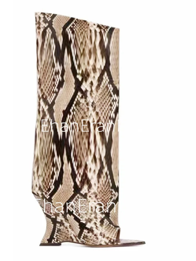 2025Ladies' Spring and Summer New Fish Mouth Slope High Heel Knee Boots, Fashionable Pointed Fashion Show Medium Cool Boots PlatiNum