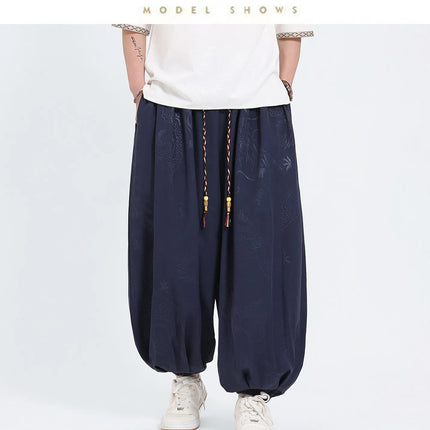 Pantaloni Estivi da Uomo Stile Cinese in Seta Ghiaccio con Motivo Drago Ukiyo-e, Comodi e Trendy, Pantaloni Casual Oversize da Uomo