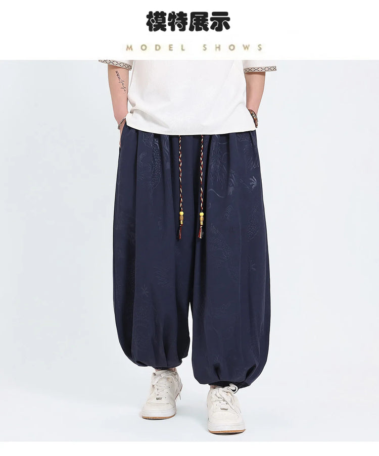 Pantaloni Estivi da Uomo Stile Cinese in Seta Ghiaccio con Motivo Drago Ukiyo-e, Comodi e Trendy, Pantaloni Casual Oversize da Uomo