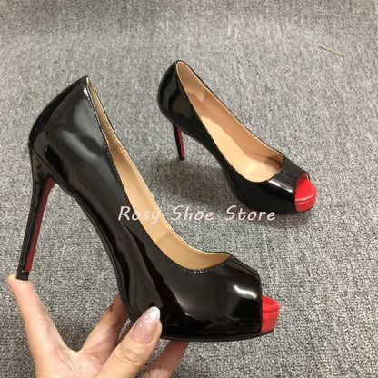 Super Waterproof Platform Patent Leather Women's Pumps Sexy Peep Toe Slip On Stiletto Sandals Model Show Dress Shoes Party Shoes
