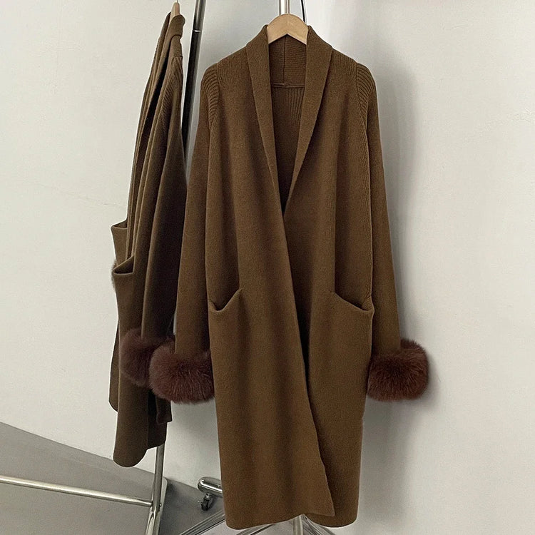 OFTBUY New Winter Long Belted Clothes Outerwear Women Knit Cardigan Real Fox Fur Cuffs Shawl Collar Wrap Knitted Coat Female
