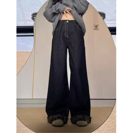 Y2K Jeans da donna americani a vita alta con stampa leopardata nera, bordo arrotolato, gamba larga, pantaloni estivi larghi con punto a contrasto