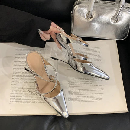 Liyke New Fashion Transparent Wedge Slippers Women Pumps Patent Leather Pointed Toe Buckle Strap Designer High Heels Mules Shoes PlatiNum