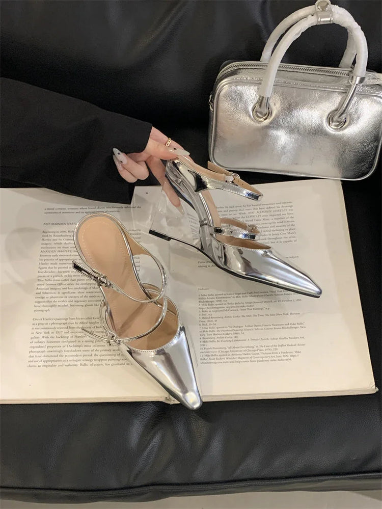 Liyke New Fashion Transparent Wedge Slippers Women Pumps Patent Leather Pointed Toe Buckle Strap Designer High Heels Mules Shoes PlatiNum