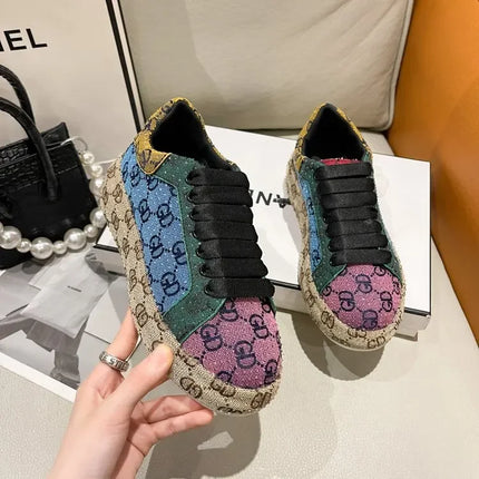Spring 2025 New Khaki Crystal Women's Sneakers Fashion Versatile Casual Ladies Party Shiny Female Shoes