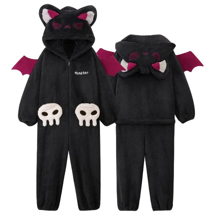 Cartoon Devil Pajamas Couples Women Men Onesie Sleepwear Winter Thicken Hooded Loungewear Coral Fleece Homewear Pijama Disfraz